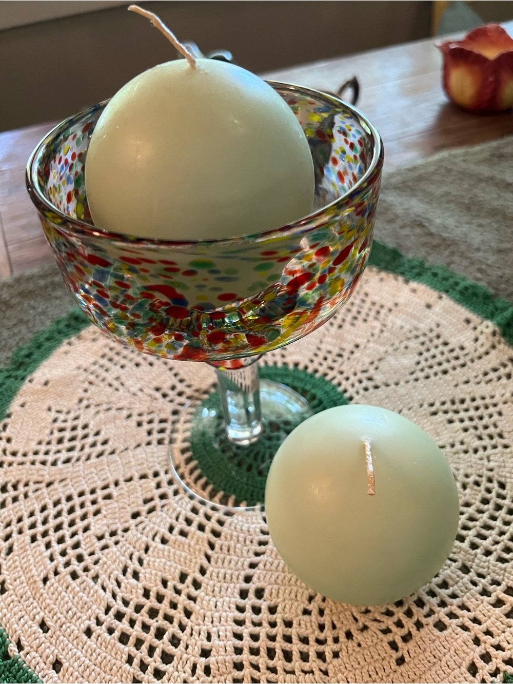 Handmade Multicolor Glass Hurricane with Pale Green Decorative Candles
